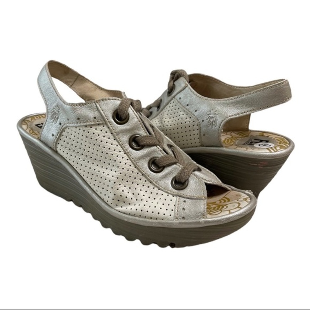 FLY London Yedu Lace-Up Wedge Sandals in Silver Leather White Knit 8 or 8.5
